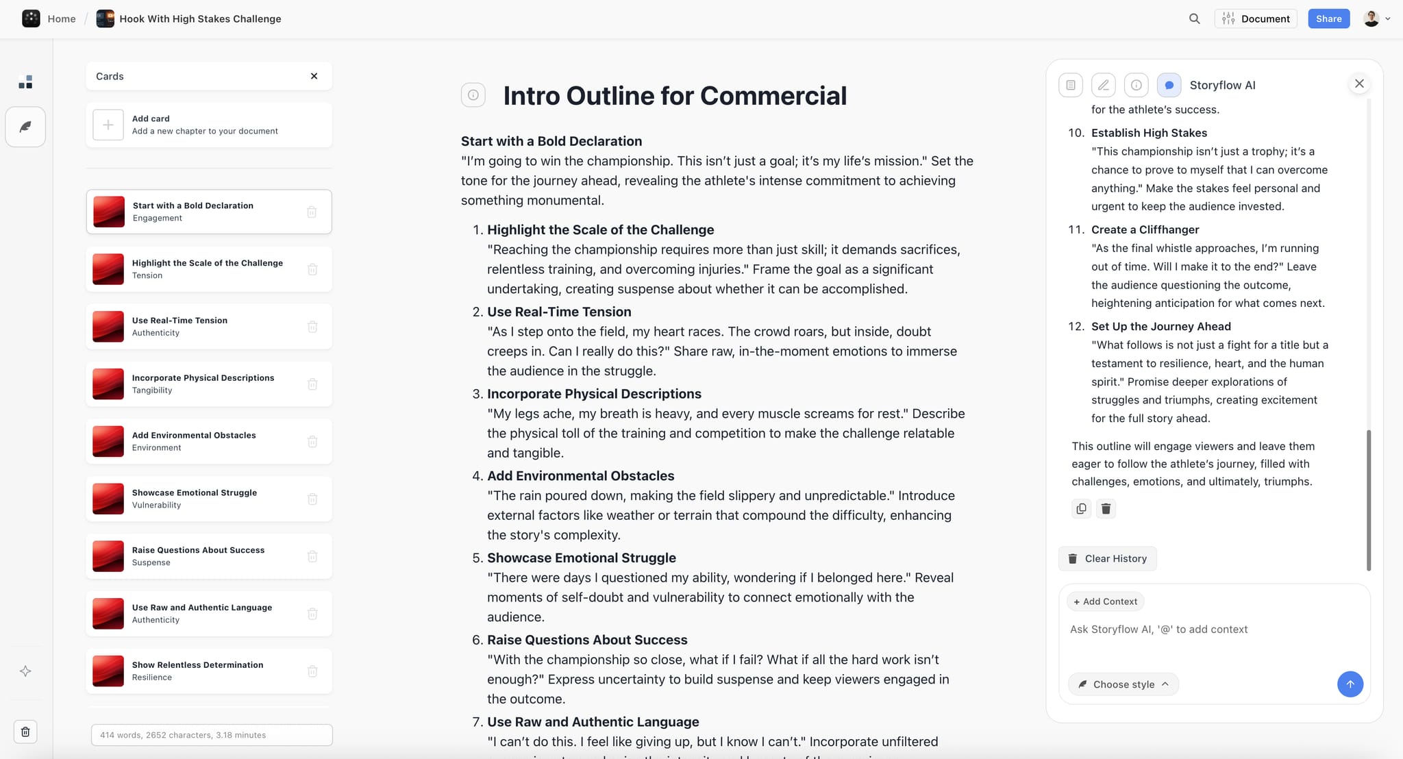 A script hook and intro outline in Storyflow showing how to structure the opening of a video with a compelling hook, world introduction, and problem statement